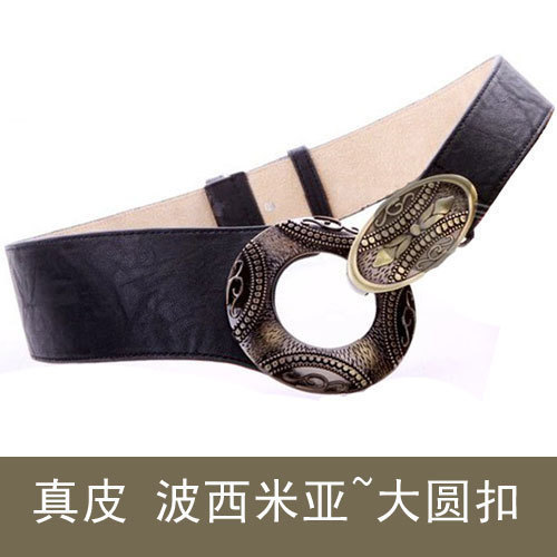 Genuine leather vintage stencilling unique big round buckle women's belt adjust wide belt