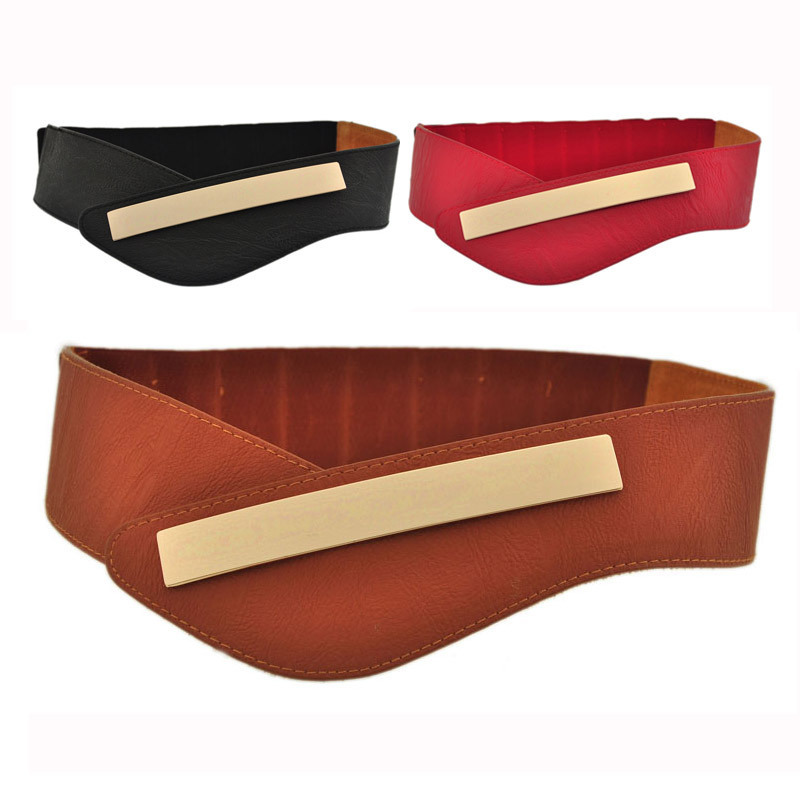 Genuine leather women wide belt fashion metal plate curviplanar close-fitting elastic wide cummerbund