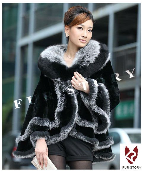 Genuine REX rabbit coat FOX fur collar and trim shawl poncho overcoat stole cape elegant