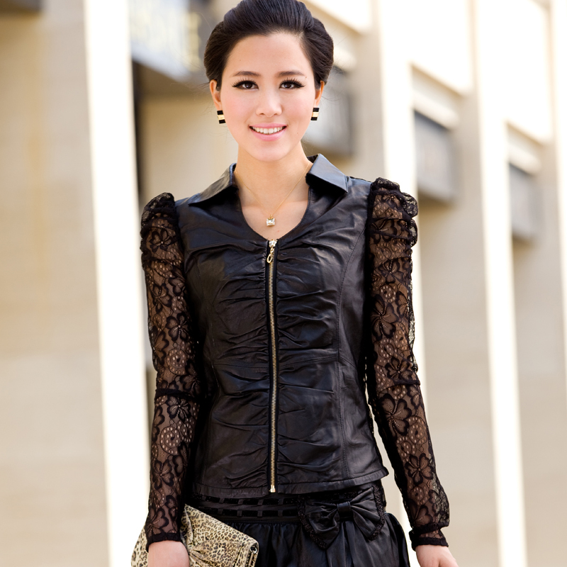 Genuine sheepskin leather clothing sexy cutout single leather clothing all-match female short lace design leather clothing