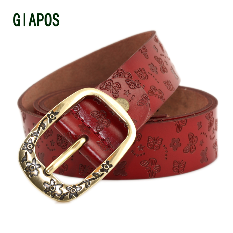 Giapos cowhide women's belt embossed genuine leather strap Women fashion all-match pin buckle