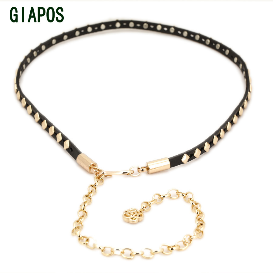 Giapos Women all-match fashionable casual genuine leather cowhide belt belly chain strap women's
