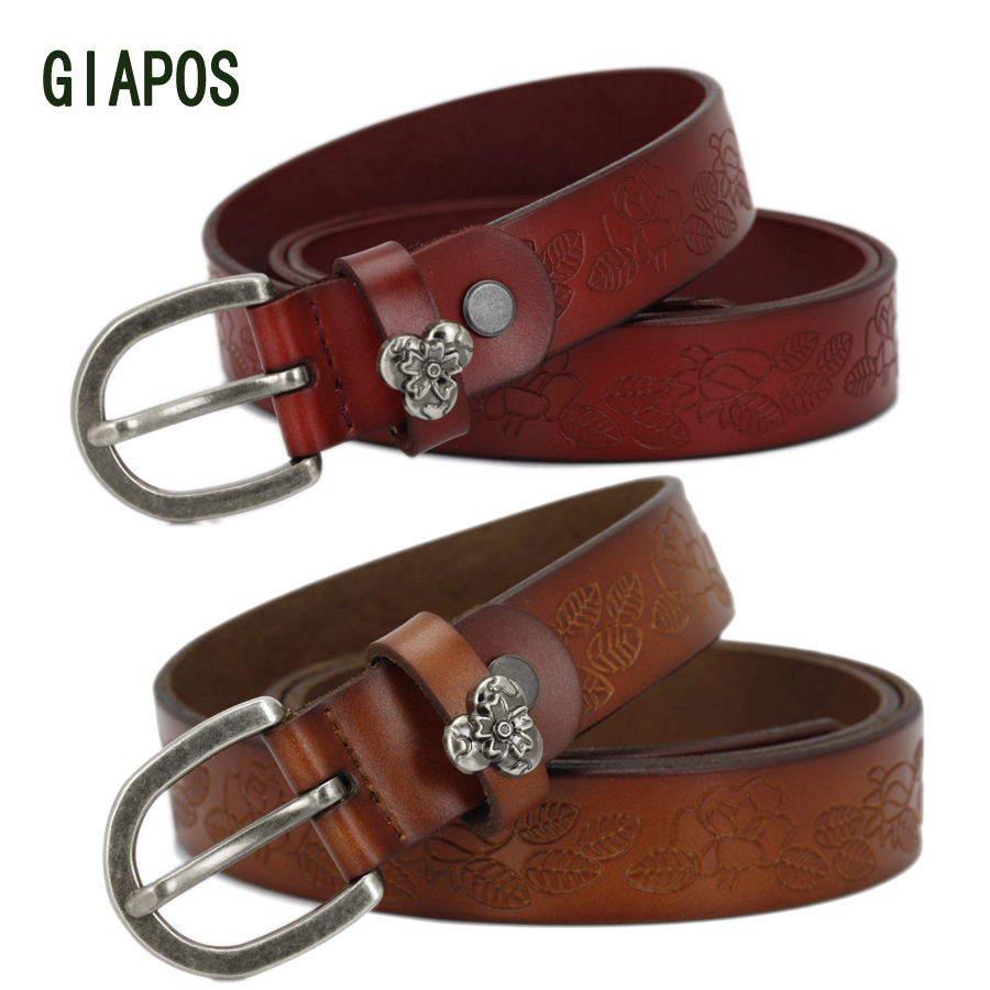 Giapos women's genuine leather cowhide vintage Women pin buckle belt strap female casual