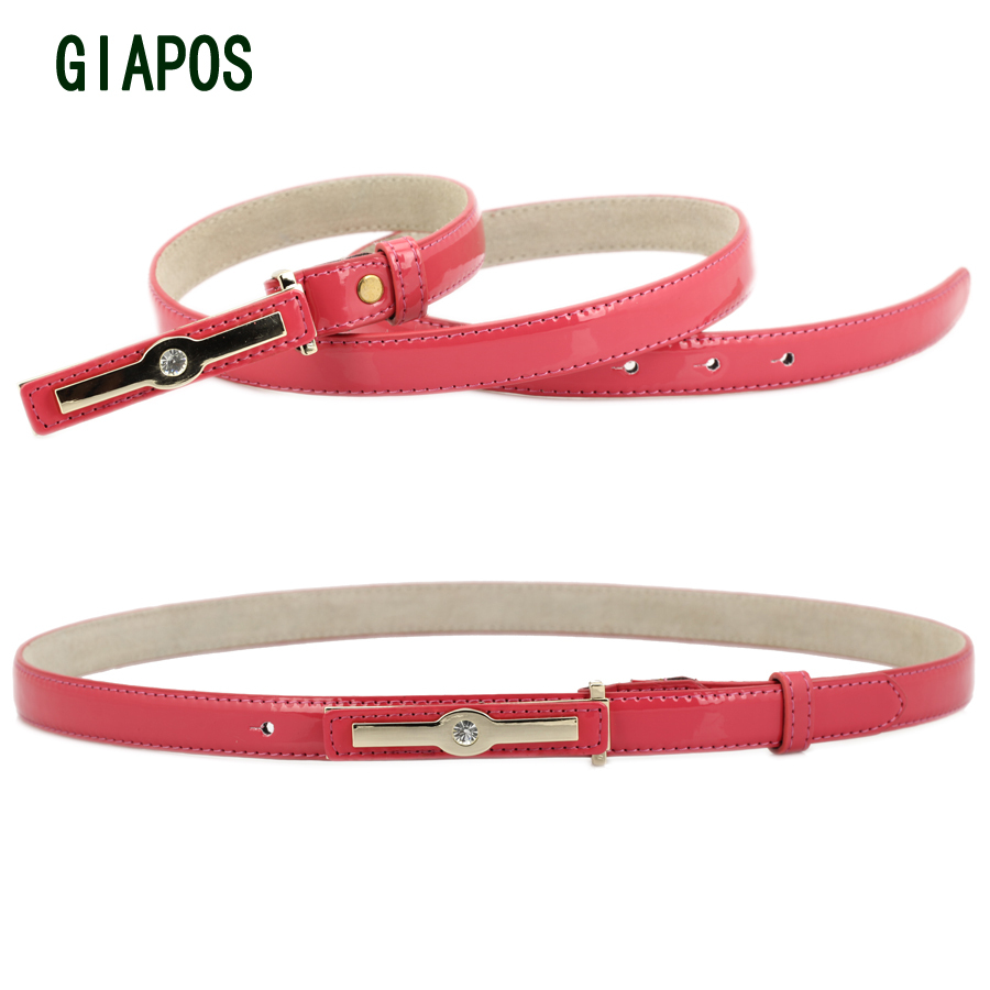 Giapos women's thin belt cowhide Genuine Leather Belts metal buckle diamond fashion strap
