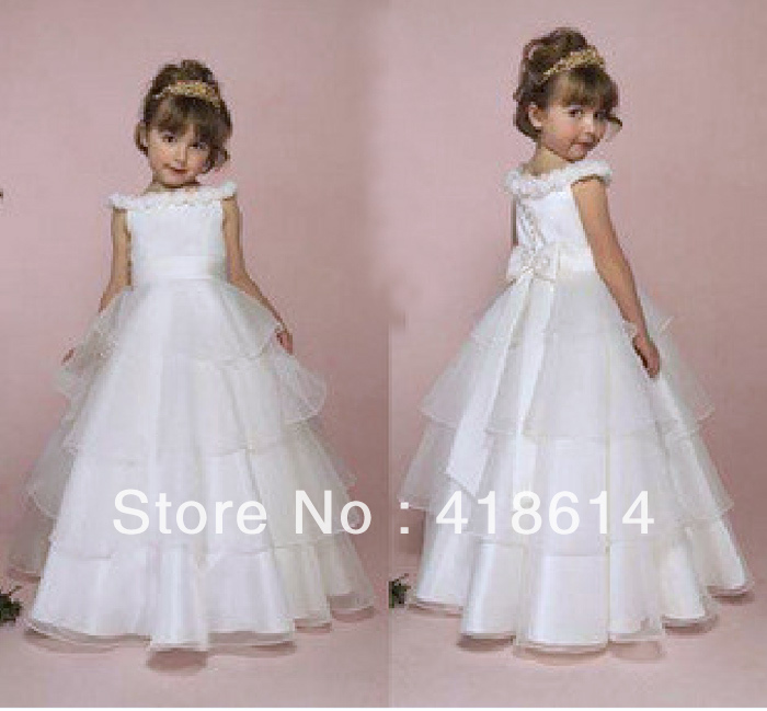 Girl Child Princess Formal White Multi-layer Yarn Flower Birthday Dress Free Shipping