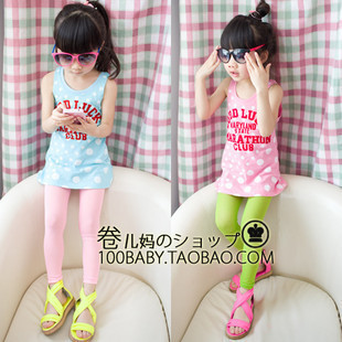 Girl children's clothing child polka dot round dot letter vest one-piece dress sleeve length t-shirt 979
