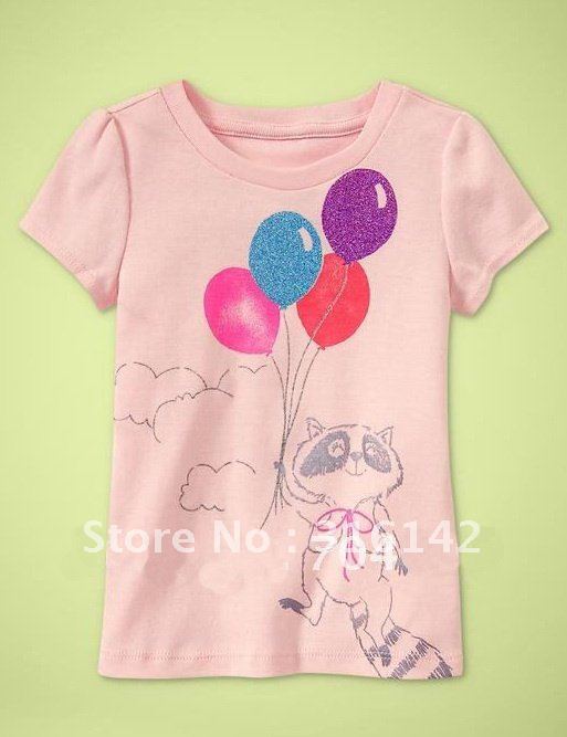 girl cotton tees Baby caut short sleeve tee Children casual shirt  top Baby cartoon cat and balloon t-shirt