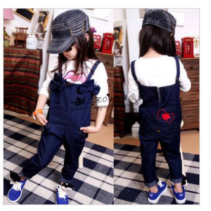 Girl hello kitty overalls embroidery strap jeans children cartoon clothing A29 high quality