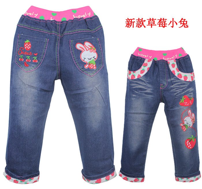 Girl Jeans With Strawberry & Rabbit Design