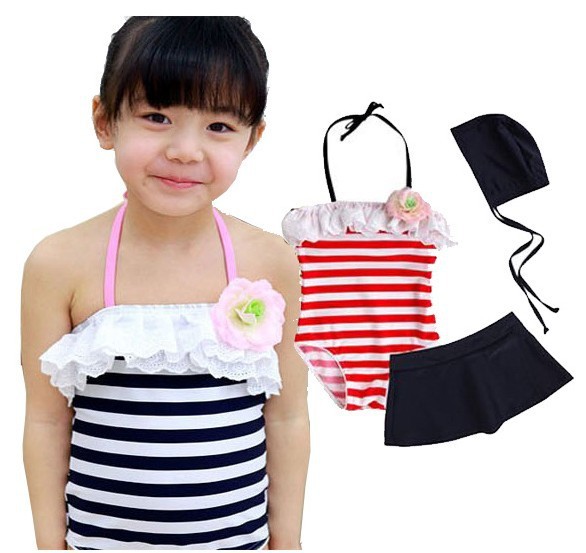 girl navy striped  swim wear kids skirted swimsuit  with flower 3pcs/set free shipping