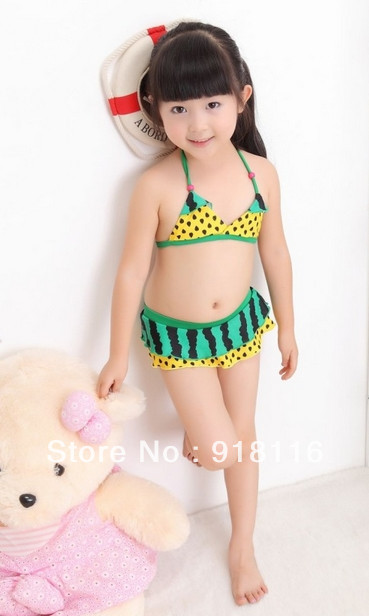 Girl's Cute Yellow with Green Color Watermelon Pattern Bikini Lovely Kid's Mini-Bikini Suitable for 2-6 years old Girls (2918)
