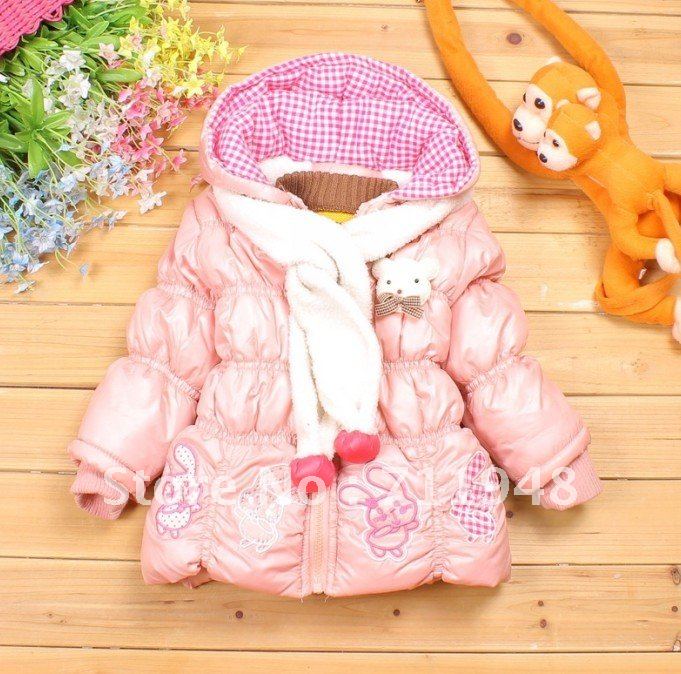 Girl's embroidery small rabbit thick velvet outwear+scarf,children's parkas 3pcs/lots free shipping