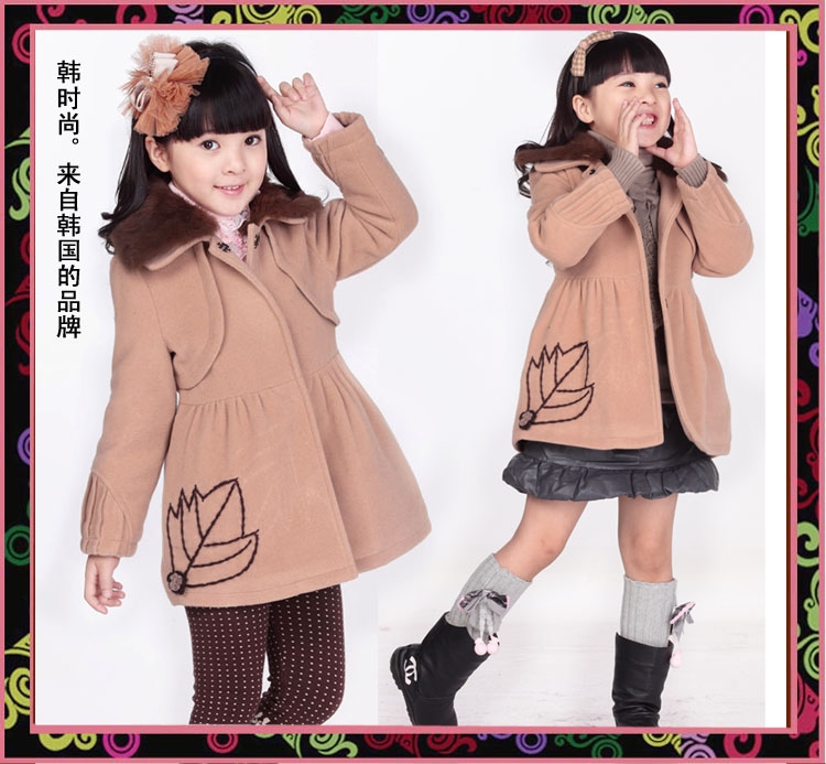 girl's Fashion 2012 girls clothing fur collar cotton-padded trench outerwear woolen overcoat 1376