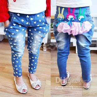 girl's Pleasant denim pants Children's personality rabbit jeans blue dotted Jeans casual trousers  asdw