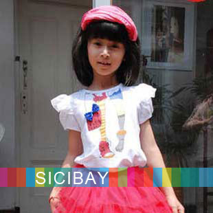 Girl's Short Sleeve Cute Blouse with Stylish Cartoon Print, Pretty Puff Sleeve Design Shirt, Free Shipping K0152