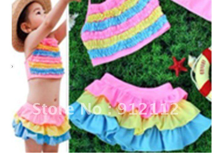 Girl's swimsuits 2012 new arrive Rainbow Bikini swim suit Girl's Bikini + swim skirts suit 4set/lot