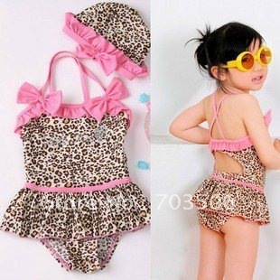 Girl's swimsuits 2012 New Leopard bow Girl's one-piece vest swimsuits + Swimming cap suits 4set/lot