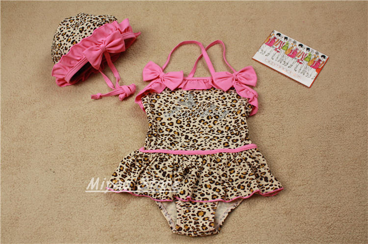 Girl's swimsuits  new arrive Leopard one-piece swimming suit Girl's Bikini + swim hat