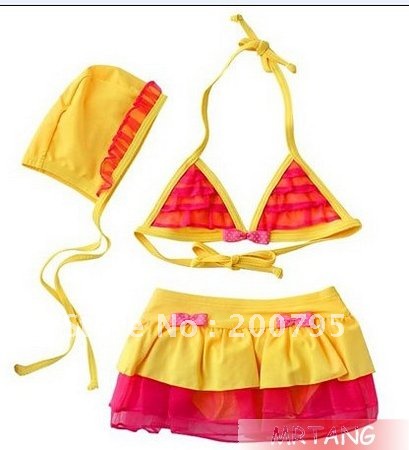 Girl's  Swimwear Bikini Bath Suit with dress and hat  KidsChildren Swimsuit Swimming Skirt Shorts HOT SELL
