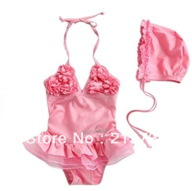 Girl's swimwear one-piece pink flowers chest swim suit including swimming cap hot sale children swimwear 5pcs/lot free shipping