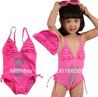 Girl's swimwear one-piece solid swimwear include swimming cap Free shipping 5pcs/lot 80% polyamid 20% elastane