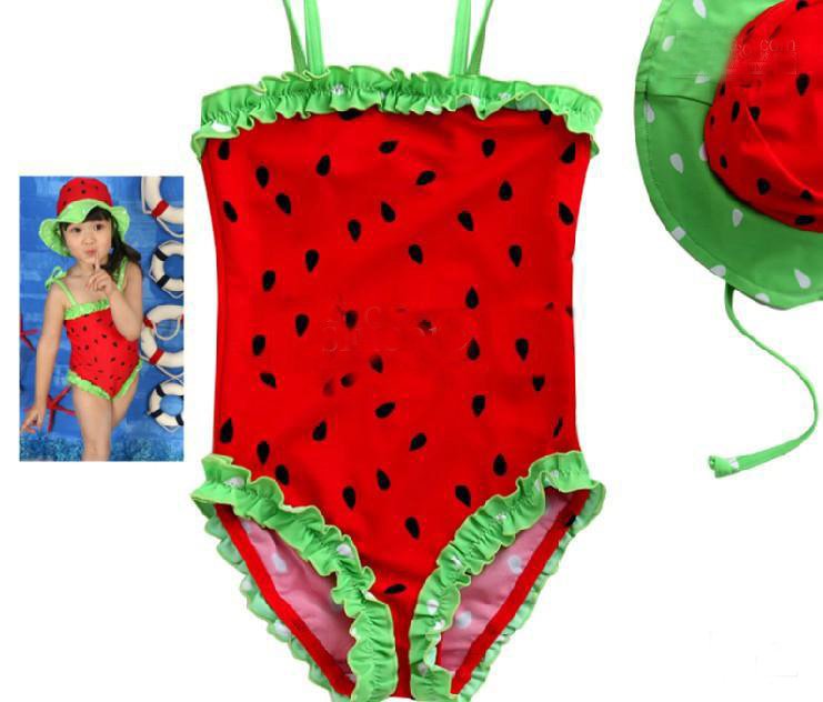 girl swim suit treasure watermelon condole belt conjoined with swim cap swimsuit
