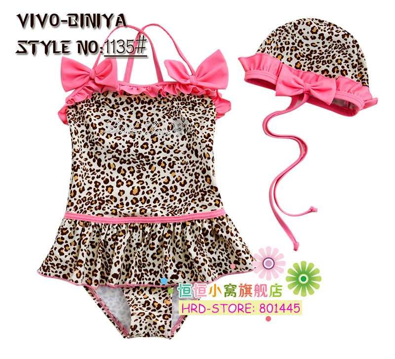 Girl swimsuit New Leopard one-piece swimsuit + Bathing cap HOT! for 2~6Y free shipping wholesale drop shipping