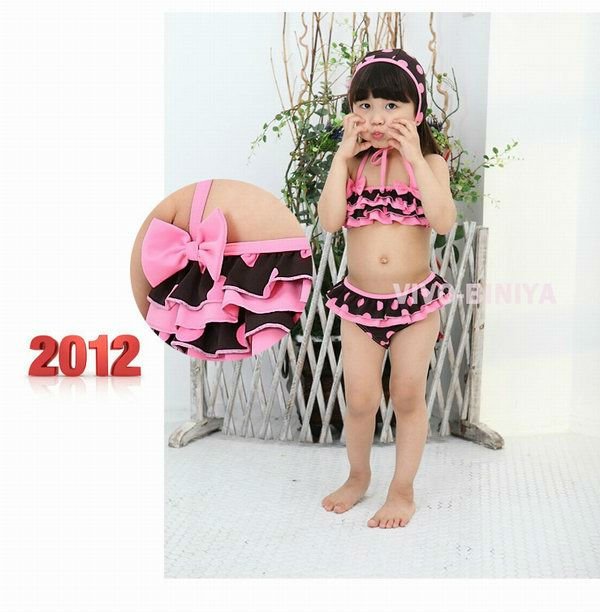 Girls 3-7 Age Bikini Swimwear,  Children Swimsuit, Kid  Pink and Black Swimwear, Bow Swimwear,  1235#