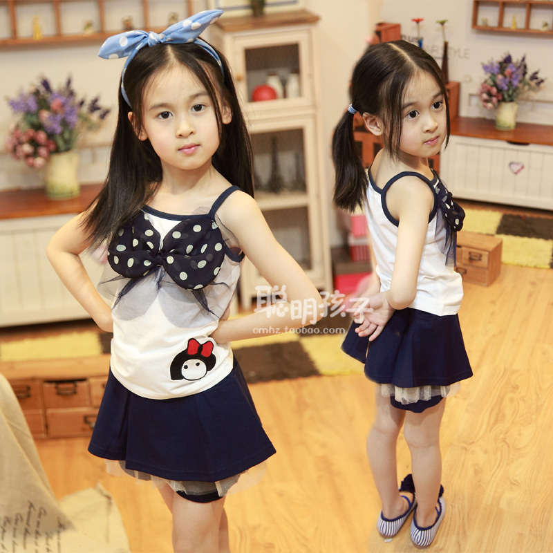 Girls cartoon sleeveless t2013 spring child baby children's clothing sweet bow spaghetti strap top vest 10519 free shipping