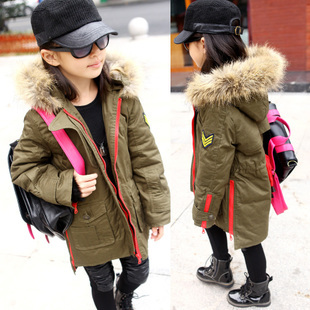 Girls clothing autumn and winter fur collar Army Green tooling thickening long design cotton trench wadded jacket cotton-padded
