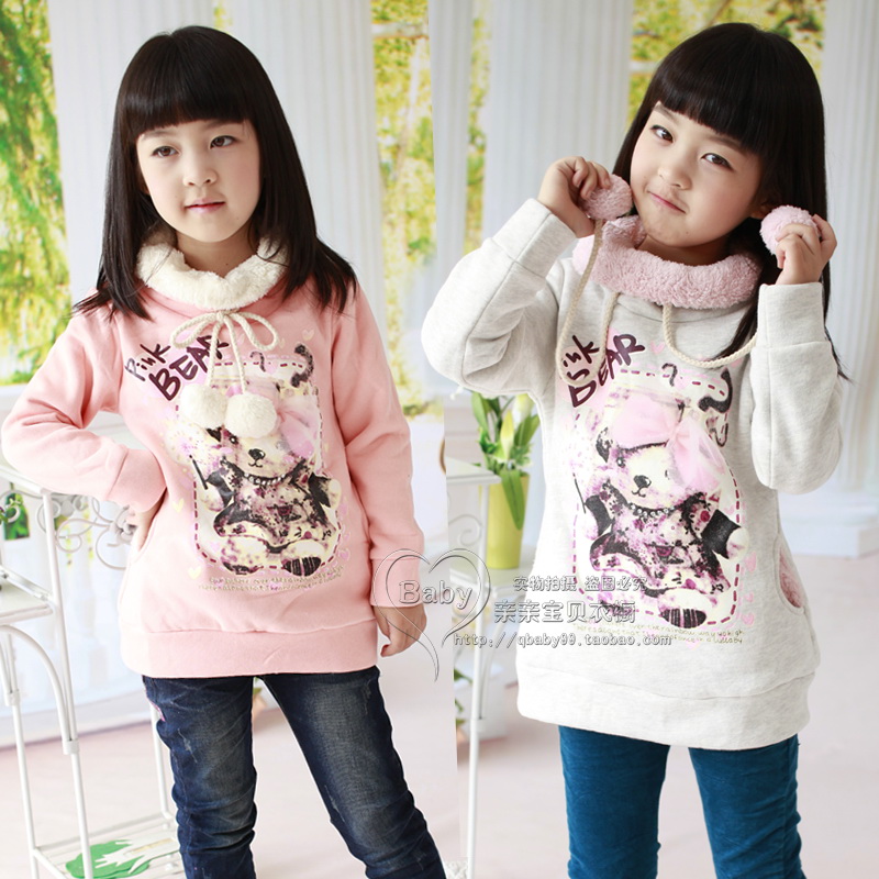 Girls clothing bow bear velvet thick sweatshirt medium-long outerwear child