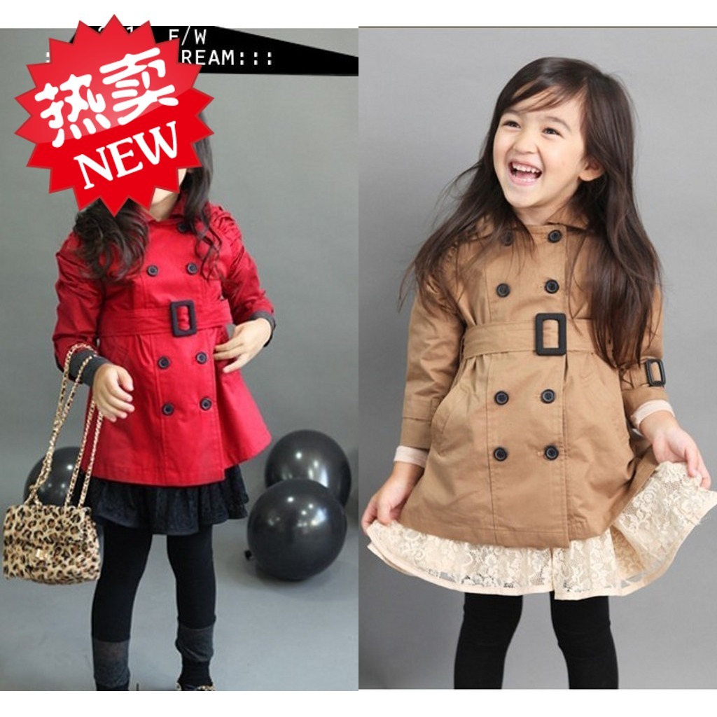 Girls clothing double breasted cotton-padded tiebelt trench outerwear dress