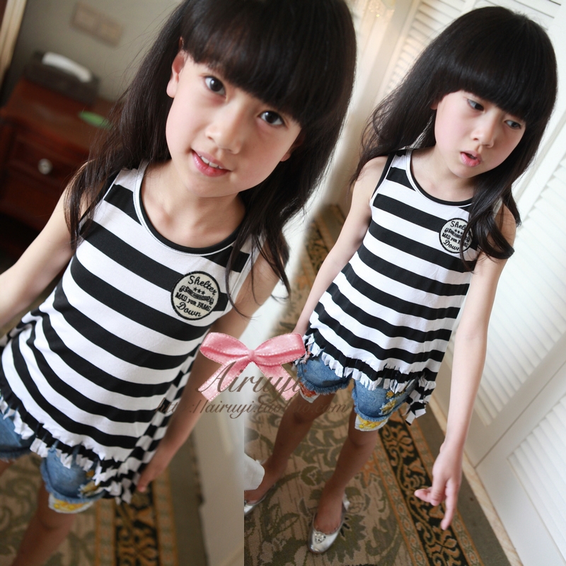 Girls clothing fashion classic black and white stripes normic tassel paragraph T-shirt sleeveless vest
