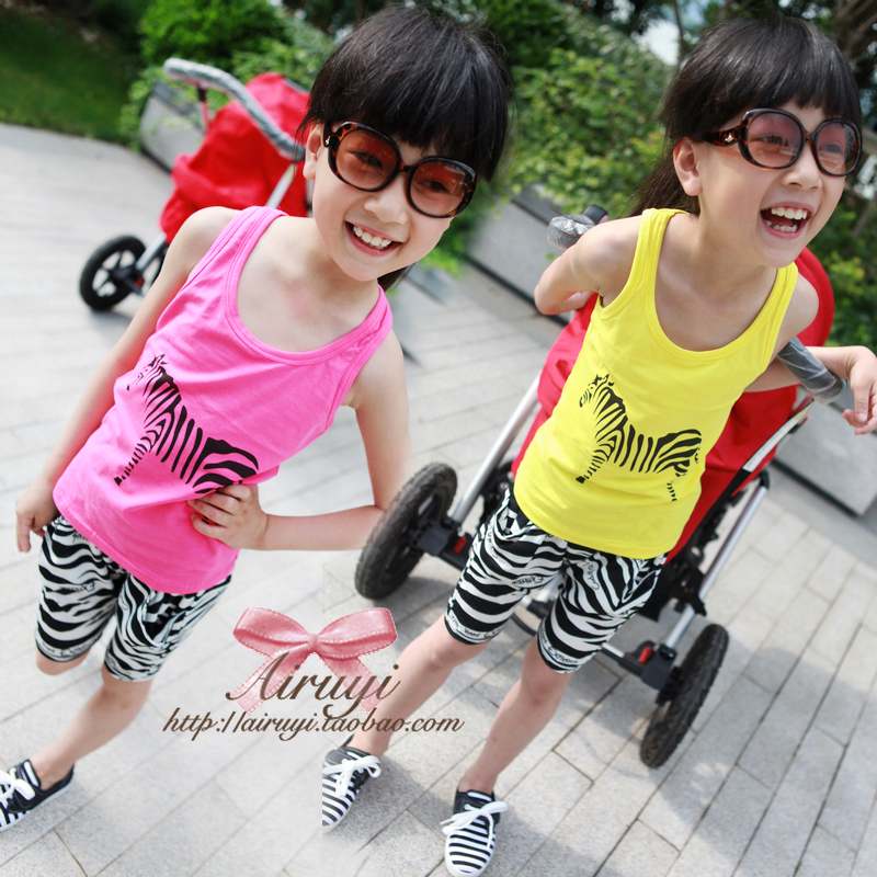 Girls clothing fashion zebra print letter t 100% cotton sleeveless summer vest
