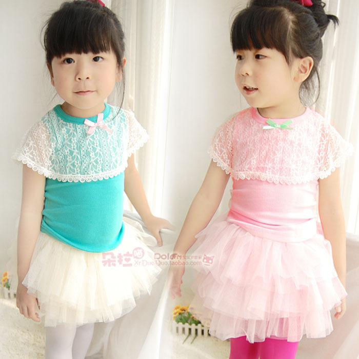 Girls clothing lace 100% cotton bow short-sleeve T-shirt 2012 child basic shirt vest summer