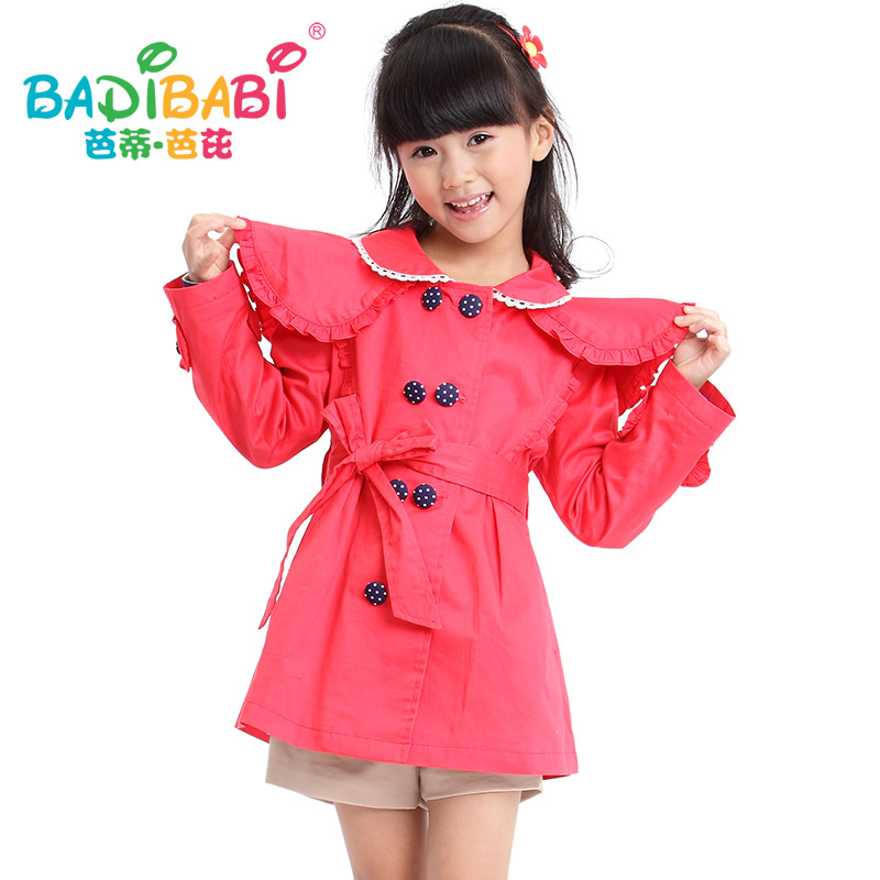 Girls clothing spring and autumn preppy style double breasted medium-long trench child outerwear red