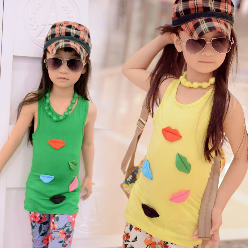 Girls clothing tank all-match 100% pattern cotton vest