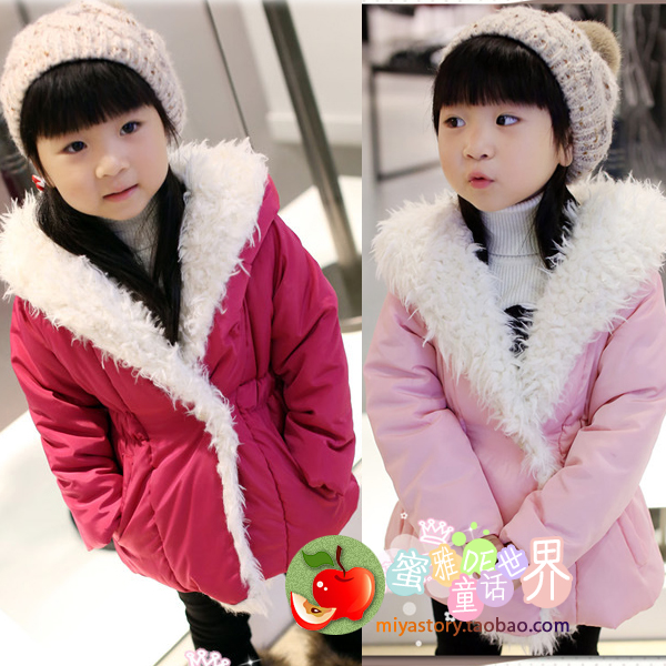Girls clothing thickening white long-haired with a hood slim waist cotton-padded jacket cotton-padded jacket wadded jacket