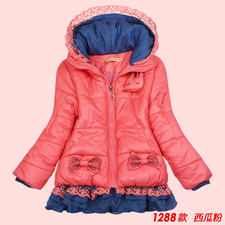 Girls clothing wadded jacket child trench 2012 with a hood thickening cotton-padded sweatshirt faux two piece set
