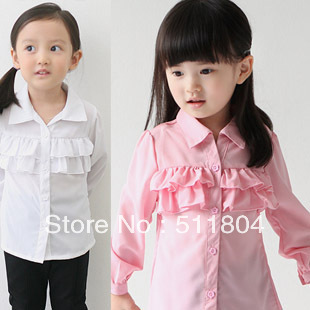 Girls Fashion Spring Autumn White/ Pink Double Layer Laciness Shirt, Free Shipping