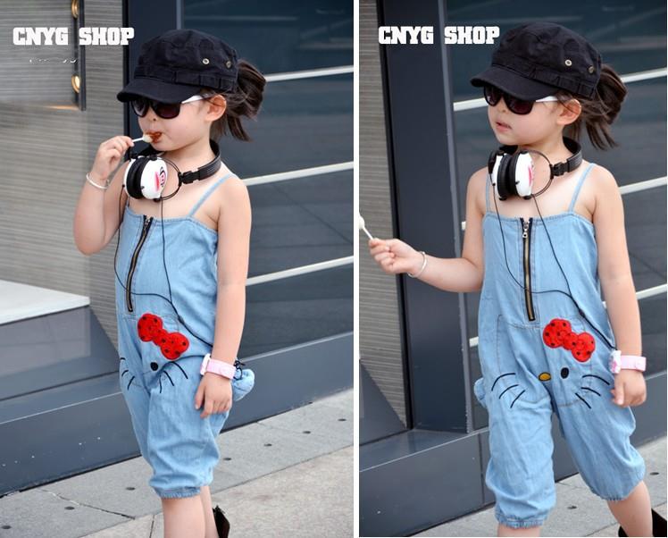 Girls jumpsuits  Free shipping light blue hello kitty jeans fashion overalls LG3263CH