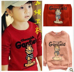 Girls long-sleeved fleece t-shirts Garfield cartoons add wool fleece