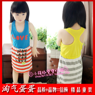 Girls padded clothing color block letter decoration stripe tank dress suspender skirt