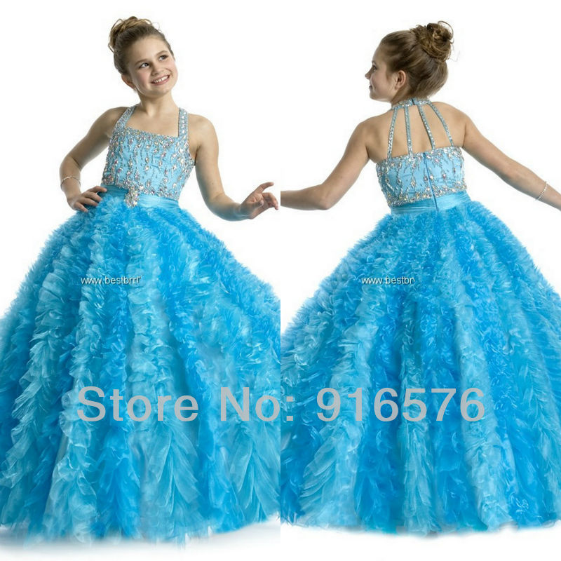 girls pageant dresses free shipping princess wedding dress costumes for kids blue halter horsehair floor length ball gown