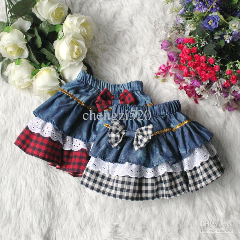 Girls Plaid Skirts Baby Lovely Skirts Plaid Denim Stitching Children's Clothing