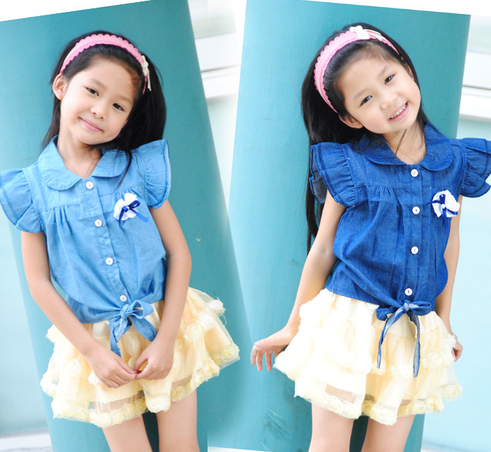 Girls summer clothing 2012 thin denim shirt sleeveless shirt clothing child summer tieclasps top