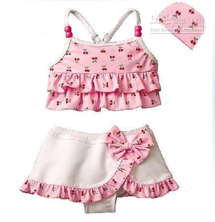 girls swimsuit set 3pcs top+skirt+swim cap kids'lovely swimwear cherry printing