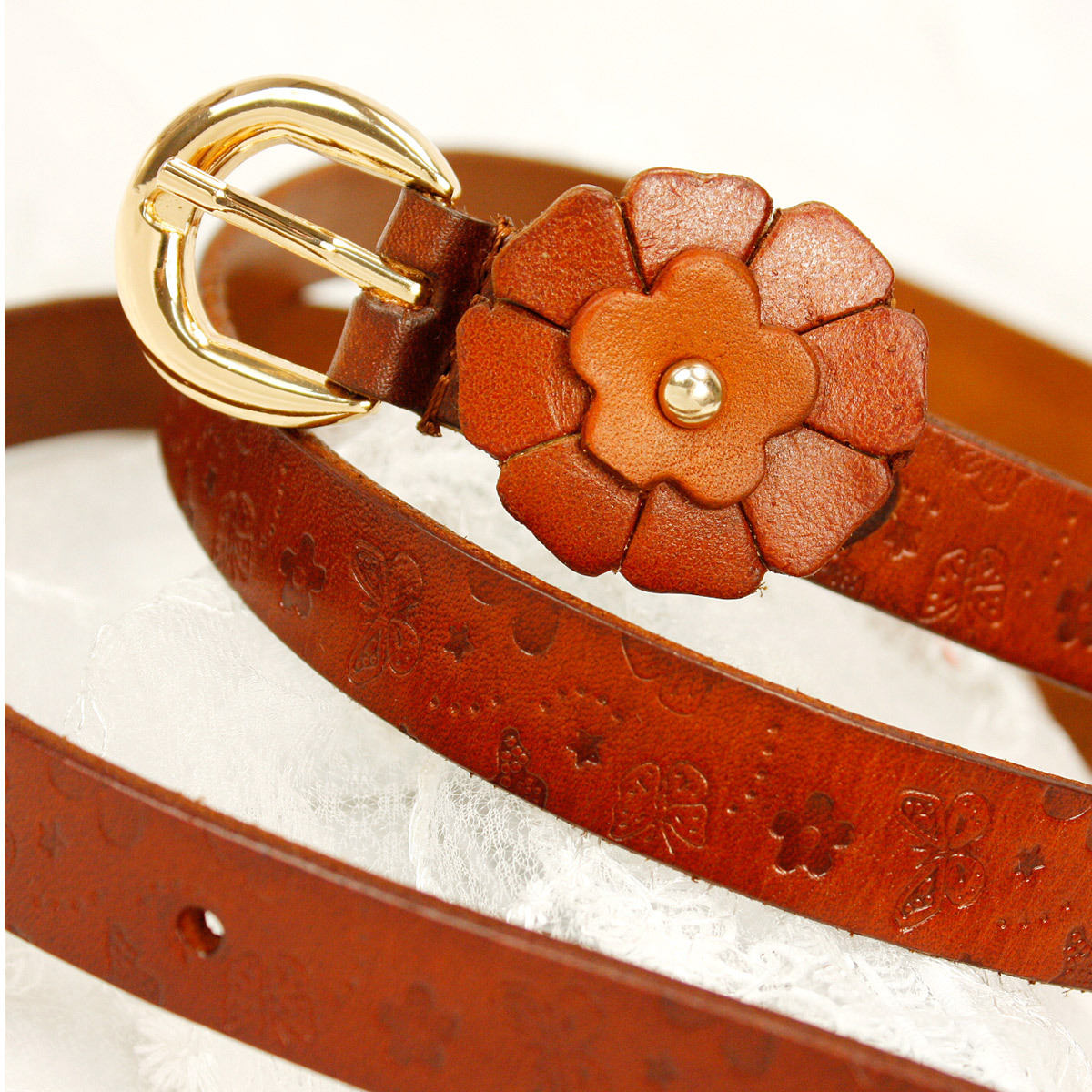 Girted print three-dimensional flowers decoration first layer of cowhide genuine leather women's thin belt all-match strap 8