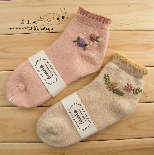 Givlie sew-on flower autumn and winter rabbit wool socks loop pile female socks double
