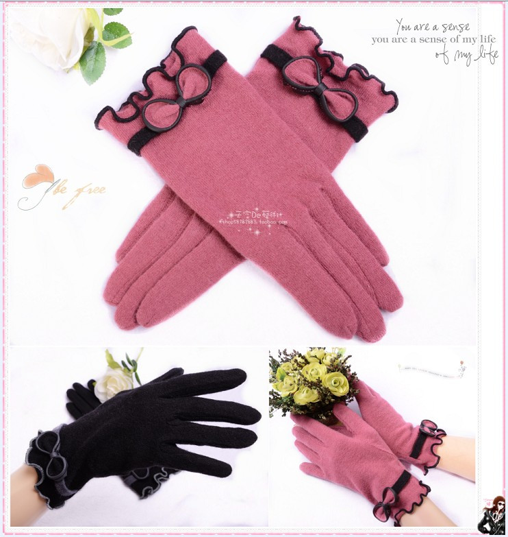 Gloves female wool cashmere gloves  thermal leather bow